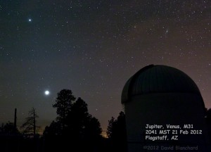 Jupiter, Venus, and M31 above telescope dome.