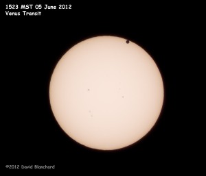 Venus transiting the sun at 1523 MST (2223 UTC). The full disk of the planet is visible at this time.