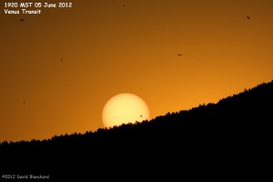 Composite image of (1) filtered image of the sun and Venus in transit and (2) the darkening sky a few minutes after sunset.