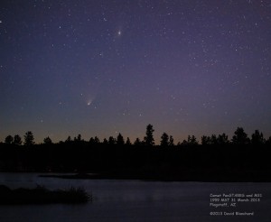 Comet C/2011 L4 PanSTARRS and M31 in the evening sky.