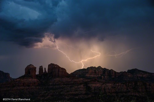 Lightning flash (composite) beyond Cathedral Rock.