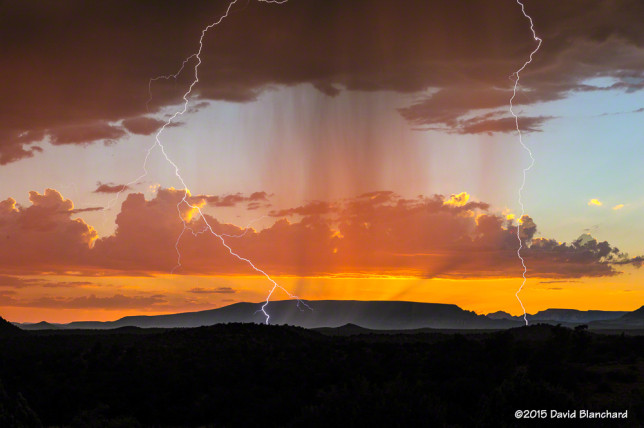 Lightning and sunset colors over Sedona, Arizona.