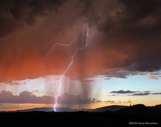 Lightning and sunset colors over Sedona, Arizona.