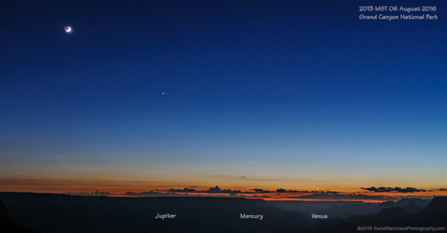 The moon and planets line up in the twilight.