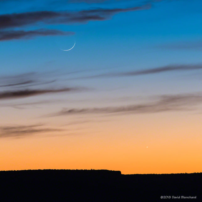 Crescent Moon and Venus in evening twilight.