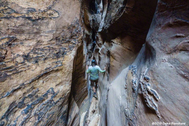 A deep and dark section of the slot canyon in Burro Wash.