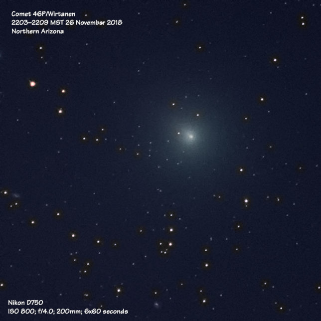Comet 46P/Wirtanen (200mm, f/4.0, ISO 800, 6x60s)
