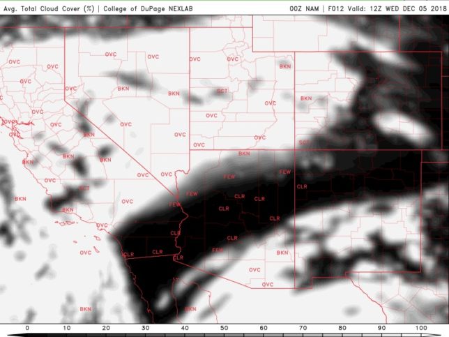 Model forecast for cloud cover. White/gray is cloud; black is clear.