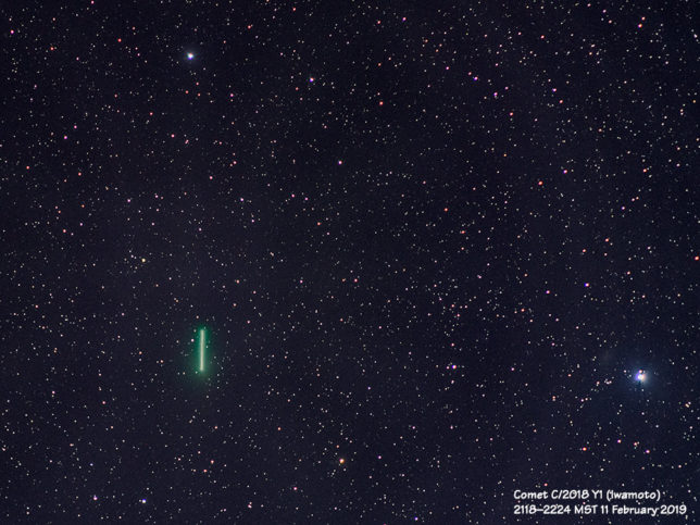 A one-hour composite of C/2018 Y1 (Iwamoto) showing the rapid motion of the comet.
