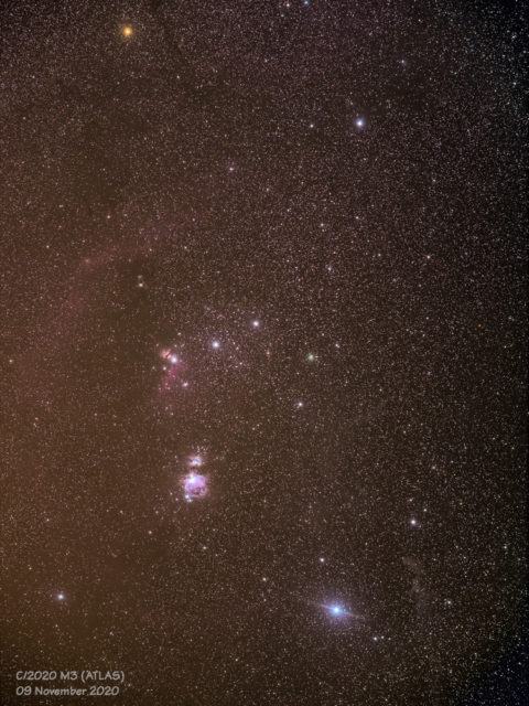Comet C/2020 M3 (ATLAS) moving through the constellation Orion.