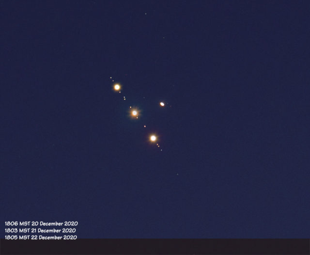 Three-day sequence of the Great Conjunction of Jupiter and Saturn.