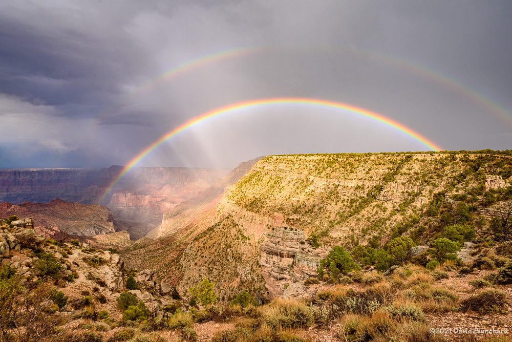 A double rainbow with supernumaries appears above Grand Canyon.