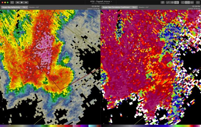 Severe thunderstorm continues to show a hook echo (left); on the right is Correlation Coefficient where low values may indicate tornadic debris. The warning has been upgraded to a Tornado Warning.