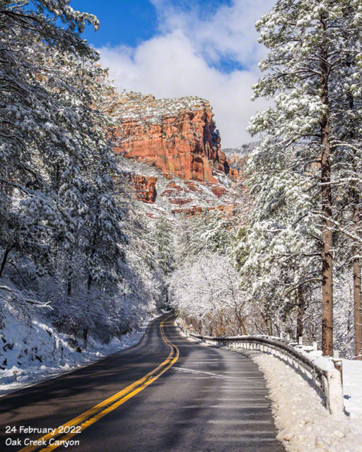 New snow covers red rock and trees in Oak Creek Canyon.