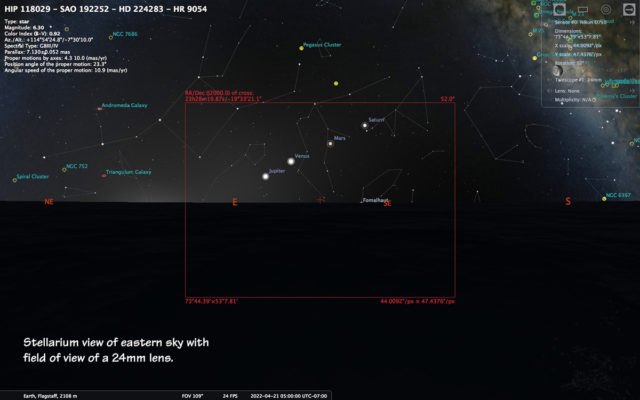 Screen shot from Stellarium showing the four planets and the FOV from a 24mm lens.