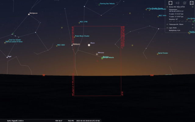 Screen shot from Stellarium showing the evening sky plus the field of view from a 70mm lens.