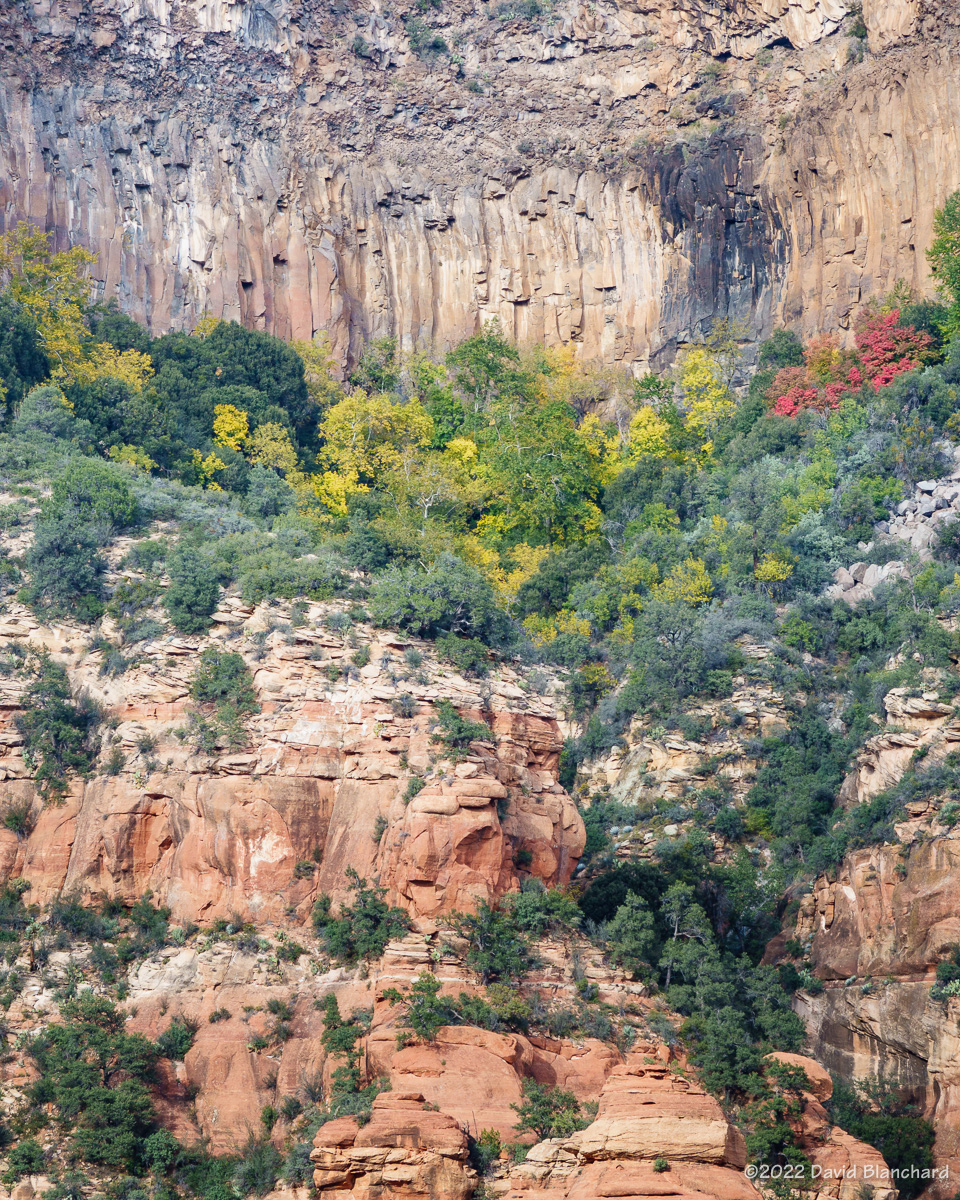 A view across Oak Creek Canyon to the climbing area known as The Waterfall.