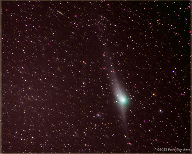 Comet C/2022 E3 (ZTF) with tail and antitail. Images were stacked using Deep Sky Stacker with both stars and comet fixed.