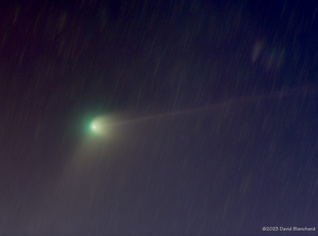 Comet C/2022 E3 (ZTF) showing both the dust trail and ion trail on 28 January 2023.