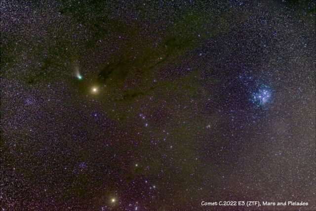 Comet C/2022 E3 (ZTF) with Mars and Pleiades star cluster.