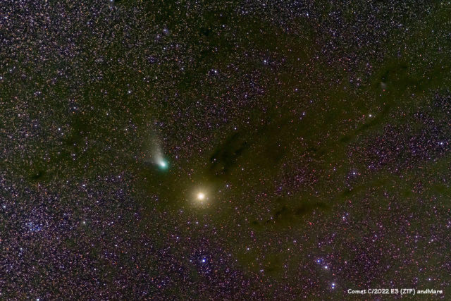 A closer view of Comet C/2022 E3 (ZTF) with Mars and Pleiades star cluster and the Taurus Molecular Cloud.