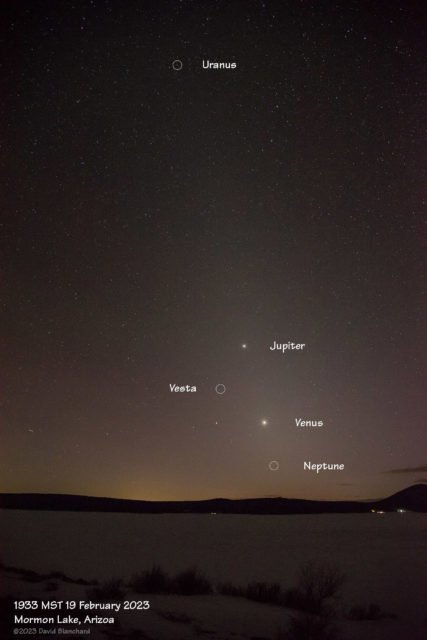The evening sky with four planets and an asteroid: Venus, Jupiter, Uranus, Neptune, and Vesta (19 February 2023).