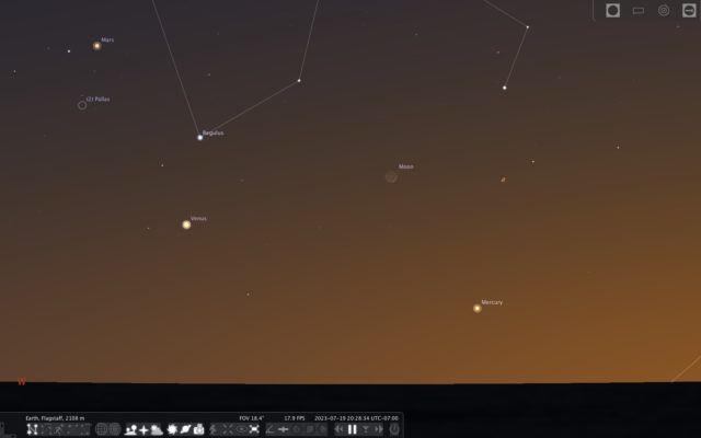 Screen capture from Stellarium.app showing the positions of the planets and Moon in the evening sky.
