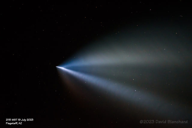 A SpaceX Falcon 9 rocket climbs into the night sky after a launch from Vandenberg SFB.