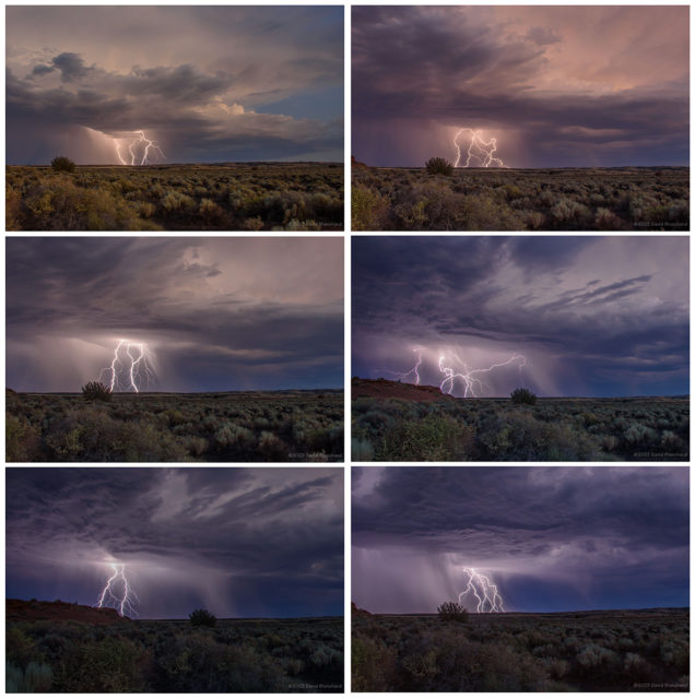 Several lightning clusters that occurred during twilight at Wupatki National Monument.