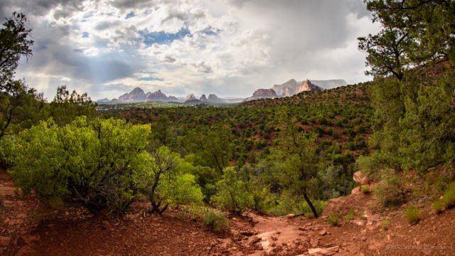 An ultra-wide angle view of Sedona and the Red Rocks after the passage of an afternoon thunderstorm.