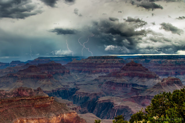 A composite of several lighting bolts over the North Rim, Grand Canyon.