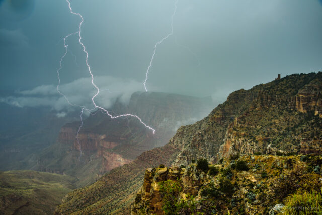Lightning strikes the walls of Grand Canyon near Desert View Tower.