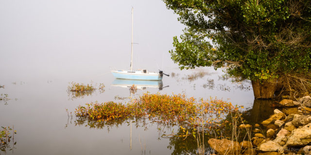 A small sailboat lies at anchor on a foggy morning at Upper Lake Mary.