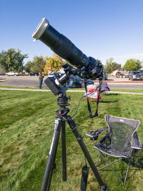 Photo of my main rig with the telephoto lens and camera mounted on the iOptron SkyTracker.