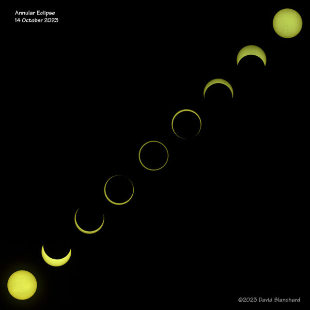 Sequence of images of the entire eclipse from C1 through C4, including the annularity or "Ring of Fire." The images are not evenly spaced in time but instead concentrate on the few moments before, during, and after the annularity of the eclipse. Beginning of the eclipse is at lower left; the end is at upper right. [Nikon D750]