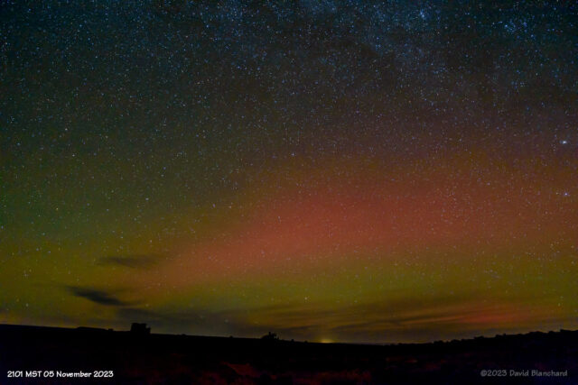 A mix of green airglow and Stable Auroral Red (SAR) arc over Wupatki National Monument in northern Arizona.