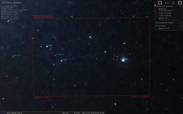 Screen shot from Stellarium showing the location of 12P/Pons-Brooks, Vega, and the constellation Lyra. Rectangle shows the field of view for the 180mm lens.