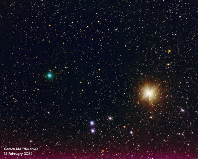 Comet 144P/Kushida on 13 February 2024 while it moved through the constellation Taurus.