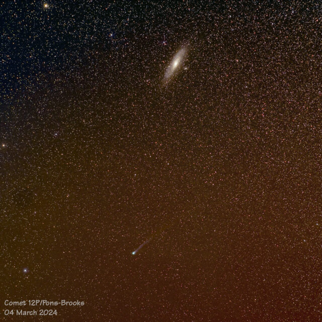 Comet 12P/Pons-Brooks and the Andromeda Galaxy (M31) on 04 March 2024. Stack of 13 x 120 second images.