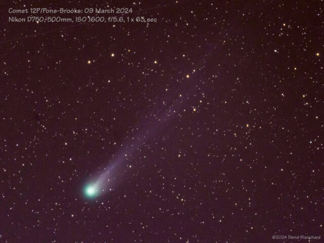 Comet 12P/Pons-Brooks on 09 March 2024. This is a single image taken with a 500mm telephoto lens.