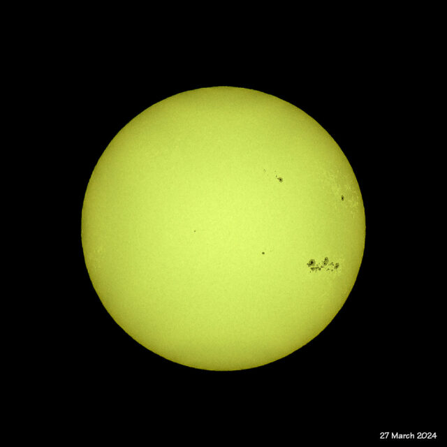 Several large sunspots are visible on the face of the Sun (27 March 2024).