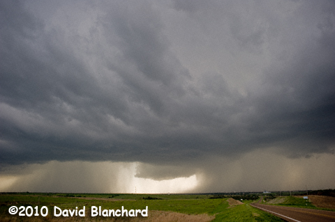 A tornado warned storm moves over the town of Oberlin, Kansas.